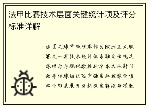 法甲比赛技术层面关键统计项及评分标准详解