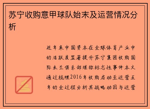 苏宁收购意甲球队始末及运营情况分析